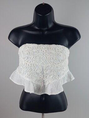 American Outfitter Womens L White Embroidered Smocked Back Ruffle Hem Tube Top
